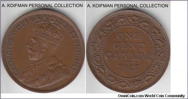 KM-21, 1918 Canada cent; bronze, plain edge; good chocolate brown uncirculated.