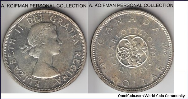 KM-58, 1964 Canada dollar; silver, reeded edge; 100 years of Charlottetown, average uncirculated, toned.