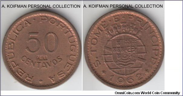 KM-PR20, 1962 San Thomas and Prince prova 50 centavos; bronze, plain edge; toned red brown.