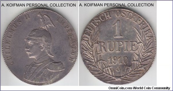 KM-10, 1910 German East Africa rupie, Hamburg mint (J mint mark); silver; good condition for wear but unfortunately damaged as the rim is filed off almost completely.