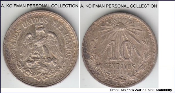 KM429, 1919 Mexico 10 centavos; silver, reeded edge; good extra fine or better, toned.