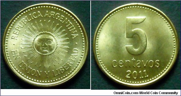 Argentina 5 centavos.
2011, Brass plated steel.