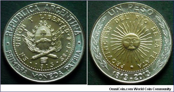 Argentina 1 peso.
2013, 200th Anniversary of First National Coin.
Bimetal.