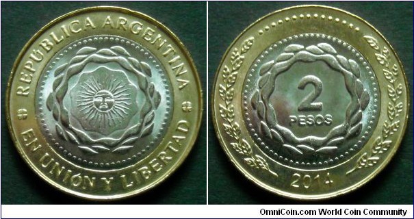 Argentina 2 pesos.
2014, Bimetal.