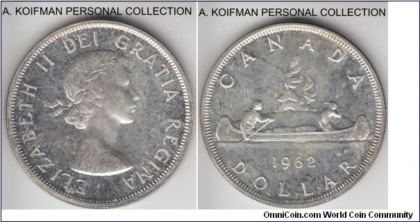 KM-54, 1962 Canada dollar; silver, reeded edge; usually toned proof like specimen, good quality.