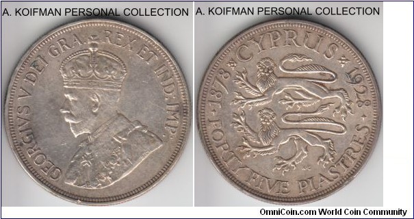 KM-19, 1928 Cyprus 45 piastres; silver, reeded edge; extra fine, few edge knocks, brighter than the scans, mintage 80,000.