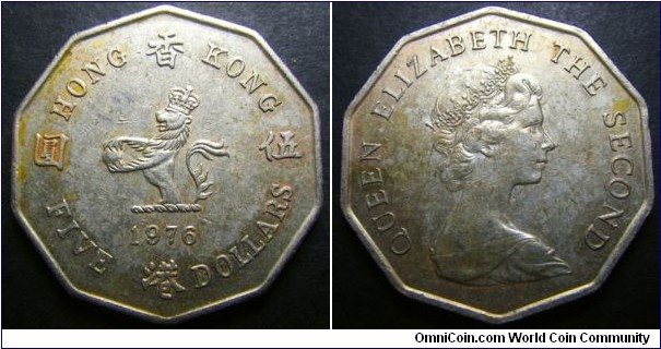 Hong Kong 1976 5 dollars. Interesting shape. Some toning. Weight: 10.75g