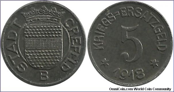 Germany-Notgeld 5 Pfennig 1918 - Crefeld (Rhineland)