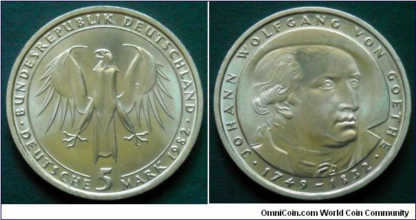 German Federal Republic (West Germany) 5 mark.
1982 (D) Johann Wolfgang von Goethe (1749-1832)