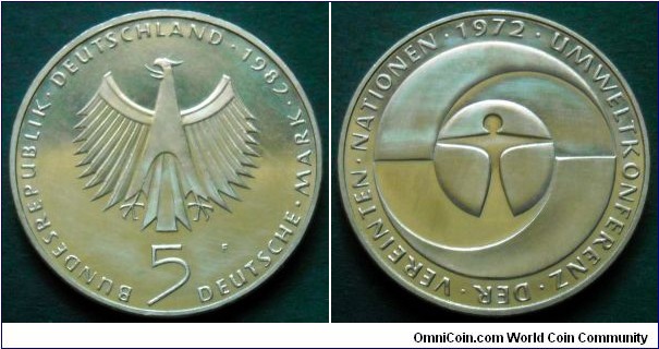 German Federal Republic (West Germany) 5 mark.
1982 (F) 10th Anniversary of United Nations Environmental Conference.