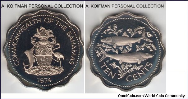 KM-61, 1974 Banamas 10 cents; copper-nickel, plain edge scalloped; nice proof cameo.