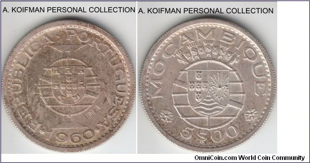 KM-Pr41, 1960 Portuguese Mozambique (Colony) 5 escudos; prova, silver, reeded edge; toned uncirculated, scarce as all provas.