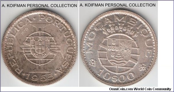 KM-Pr36, 1955 Portuguese Mozambique (Colony) 10 escudos; prova, silver, reeded edge; toned obverse and bright white reverse uncirculated.