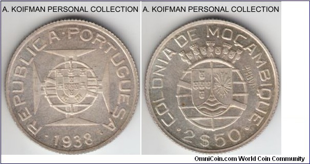 KM-Pr8, 1938 Portuguese Mozambique (Colony) 2.5 escudos; prova, silver, reeded edge; white bright uncirculated specimen.