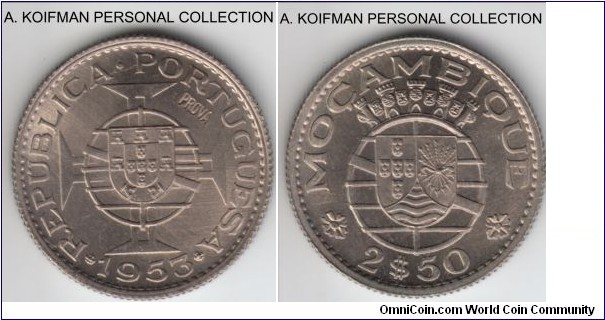 KM-Pr32, 1953 Portuguese Mozambique (Colony) 2.5 escudos; prova, copper-nickel, reeded edge; brilliant unncirculated.