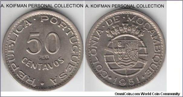 KM-Pr22, 1951 Portuguese Mozambique (Colony) 50 centavos; prova, nickel-bronze, plain edge; bright nice uncirculated.