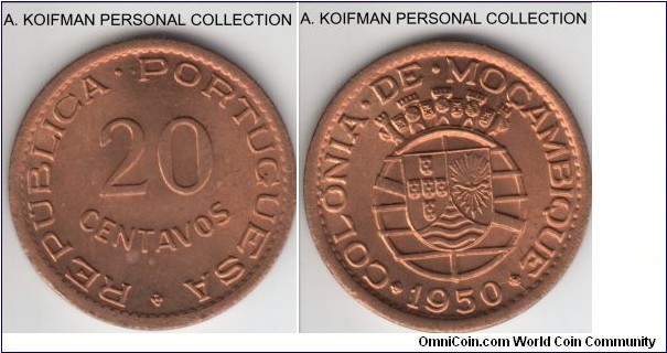 KM-75, 1950 Portuguese mozambique (Colony) 20 centavos; bronze, plain edge; red bright uncirculated, a small spot on obverse.