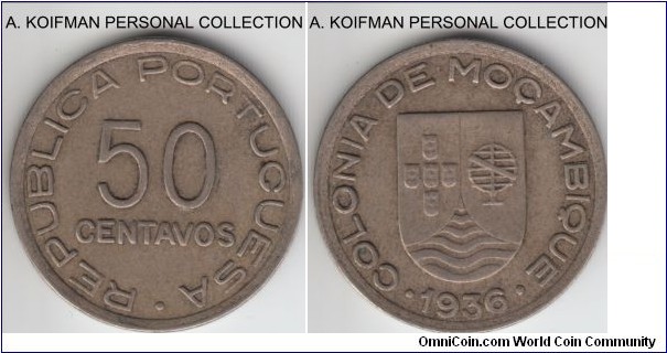 KM-65, 1936 Portuguese Mozambique (Colony) 50 centavos; copper-nickel, plain edge; good very fine, probably cleaned in the past.