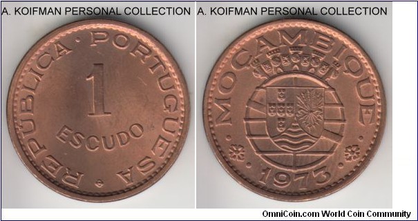 KM-82, 1973 Portuguese Mozambique (Overseas province) escudo; bronze, plain edge; red uncirculated, common, but quite good specimen.