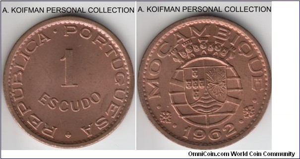 KM-82, 1962 Portuguese Mozambique (Colony) escudo; bronze, plain edge; red uncirculated, second smallest mintage of the type and earlier year.