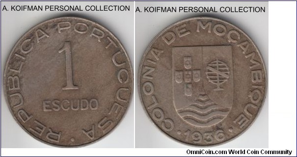 KM-66, 1936 Portuguese Mozambique (Colony) escudo; copper-nickel, plain edge; very fine or so, strong raised rim edges, may have been cleaned in the past.