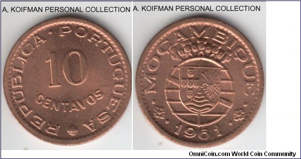 KM-83, 1961 Portuguese Mozambique (Colony) 10 centavos; bronze, plain edge; bright red uncirculated.