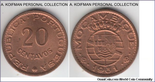 KM-85, 1961 Portuguese Mozambique (Colony) 20 centavos; bronze, plain edge; about 90% red, uncirculated.