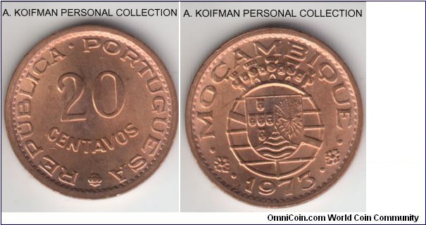KM-88, 1973 Portuguese Mozambique (Colony) 20 centavos; bronze, plain edge; red uncirculated.