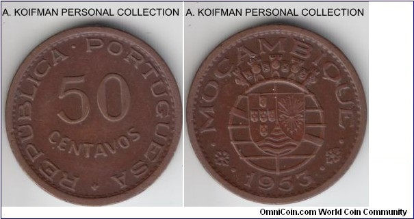 KM-81, 1953 Portuguese Mozambique (Colony) 50 centavos; bronze, plain edge; dark brown good extra fine to about uncirculated.