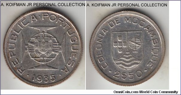 KM-61, 1935 Portuguese Mozambique (Colony) 2.5 escudos; silver, reeded edge; one year type, decent good very fine.