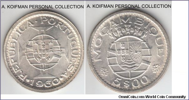 KM-84, 1960 Portuguese Mozambique (Colony) 5 escudos; silver, reeded edge; bright white uncirculated.