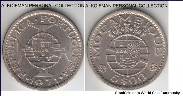 KM-86, 1971 Portuguese Mozambique (Colony) 5 escudos; copper-nickel, reeded edge; good uncirculated.