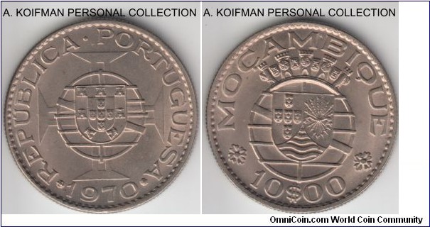 KM-79b, 1970 Portuguese Mozambique (Colony) 10 escudos; copper-nickel, reeded edge; nice uncirculated, almost no toning.
