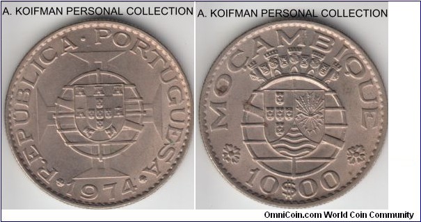 KM-79b, 1974 Portuguese Mozambique (Colony) 10 escudos; copper-nickel, reeded edge; nice uncirculated, a couple of carbon spots. 