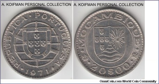 KM-87, 1971 Portuguese Mozambique (Colony) 20 escudos; nickel, reeded edge; average uncirculated.