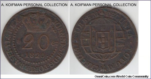 KM-18, 1820 Portuguese Mozambique (Colony) 20 reis, Rio mint; copper, plain edge; fine or better, interesting and scarce coin.