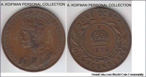 KM-16, 1936 Newfoundland cent; bronze, plain edge; extra fine or about, brown.