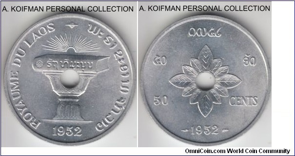 KM-6, 1952 Laos 50 cents, Paris mint ; aluminum, plain edge; center holed; bright lustrous uncirculated.