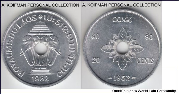 KM-5, 1952 Laos 20 cents, Paris mint ; aluminum, plain edge; center holed; bright lustrous uncirculated.