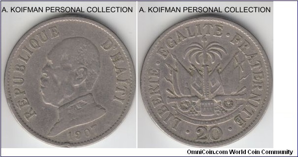 KM-55, 1907 Haiti 20 centimes; copper-nickel, plain edge; well circulated coin, fine or so, a rim nick.