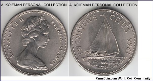 KM-6, 1966 Bahamas 25 cents; copper-nickel, reeded edge; uncirculated.