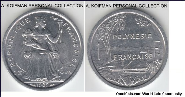 KM-11, 1982 French Polynesia franc; aliminum, plain edge; common brilliant uncirculated condition, these coins were minted in abundance certainly more than what was necessary for the local circulation.