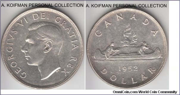 KM-46, 1952 Canada dollar; silver, reeded edge; good extra fine, little wear, but a bit too bright, may have been wiped.