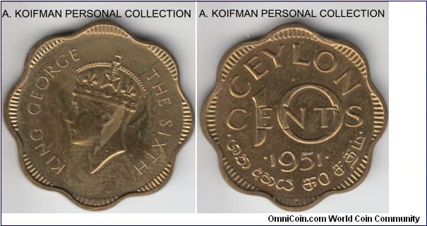 KM-121, 1951 Ceylon 10 cents; nickel-brass, plain edge, scalloped; proof, can't say if this is the original proof or restrike, good condition.