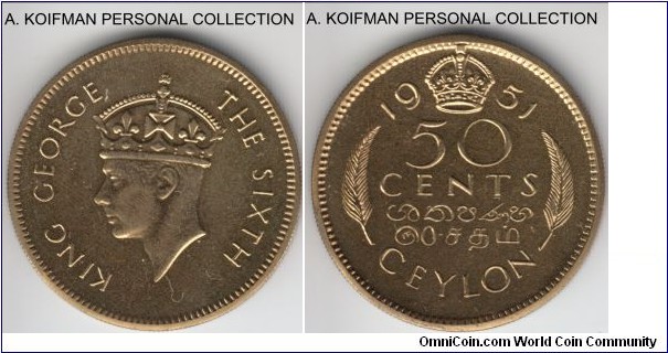 KM-123, 1951 Ceylon 50 cents; nickel-brass, security edge; proof, can't say if this is the original proof or restrike, very nice, FDC condition.