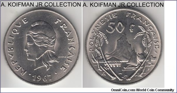 KM-7, 1967 French Polynesia 50 francs, Paris mint; nickel, reeded edge; first 50 franc coin, 1-year type, without the IEOM, better uncirculated grade - these large crown size usually have significant number of bag marks.