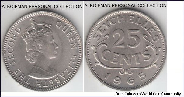 KM-11, 1965 Seychelles 25 cents; copper-nickel, reeded edge; very high grade bright white uncirculated, mintage 40,000.

