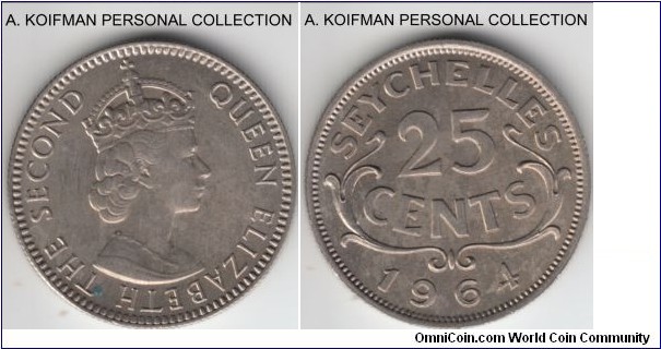 KM-11, 1964 Seychelles 25 cents; copper-nickel, reeded edge; nice uncirculated, carbon spot on obverse, mintage 40,000.