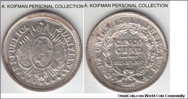 KM-157.2, 1887 Bolivia 5 centavos, Potosi mint (PTS in monigram); silver, reeded edge; weak strike and mis-ligned dies causing toothed border idsappear around the part of the rim, I tend to agree with the seller that the coin is uncirculated, although obverse is very weak.