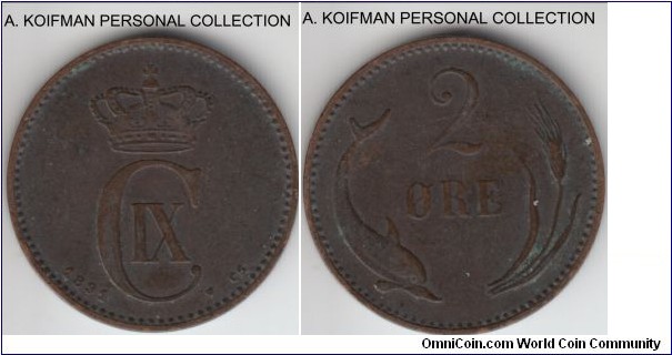 KM-793.1, 1891 Denmark 2 ore; bronze, plain edge; fine or better, dark toned.